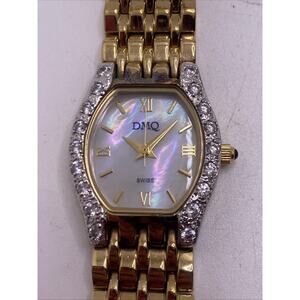 DMQ Womens Vintage Gold Tone Clear Gem Watch Works New Battery